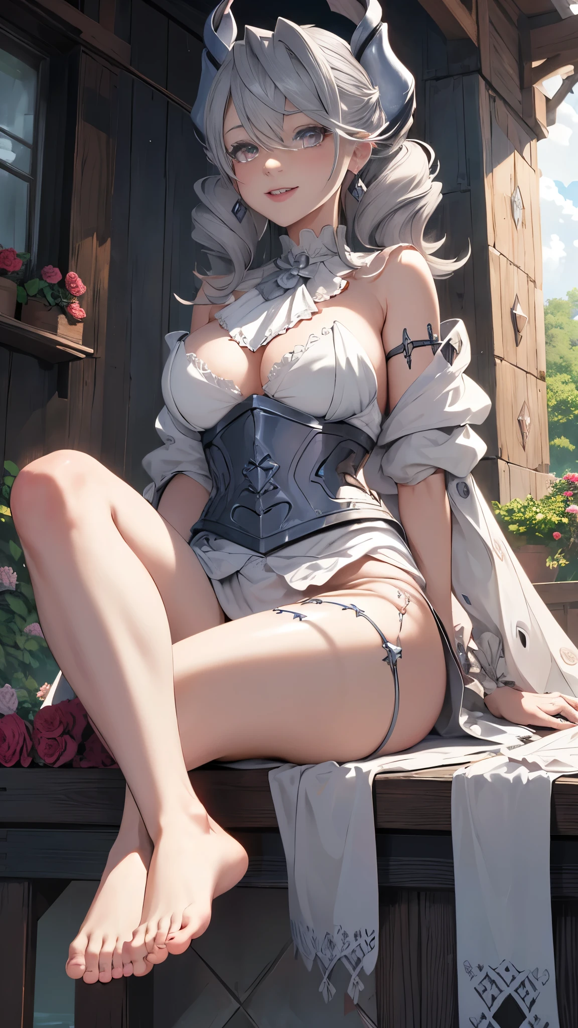 ((masterpiece)),(best quality), ((extremely detailed CG unity 4k wallpaper)),(cinematic lighting), (an extremely delicate and beautiful evil girl:1.3),face, fixed eye, hand fixed (++silver hair++), pink eyes, long hair, jewelry,earrings, :d, maid, labrynth,
Large breast ,(garden full of roses), horn ,outdoor, waterfall ,view from below, hand over lab, sitting on floor , crossed leg in detailed, all body , leg fixed, toes , toes fixed ,shenhedef, shenhernd