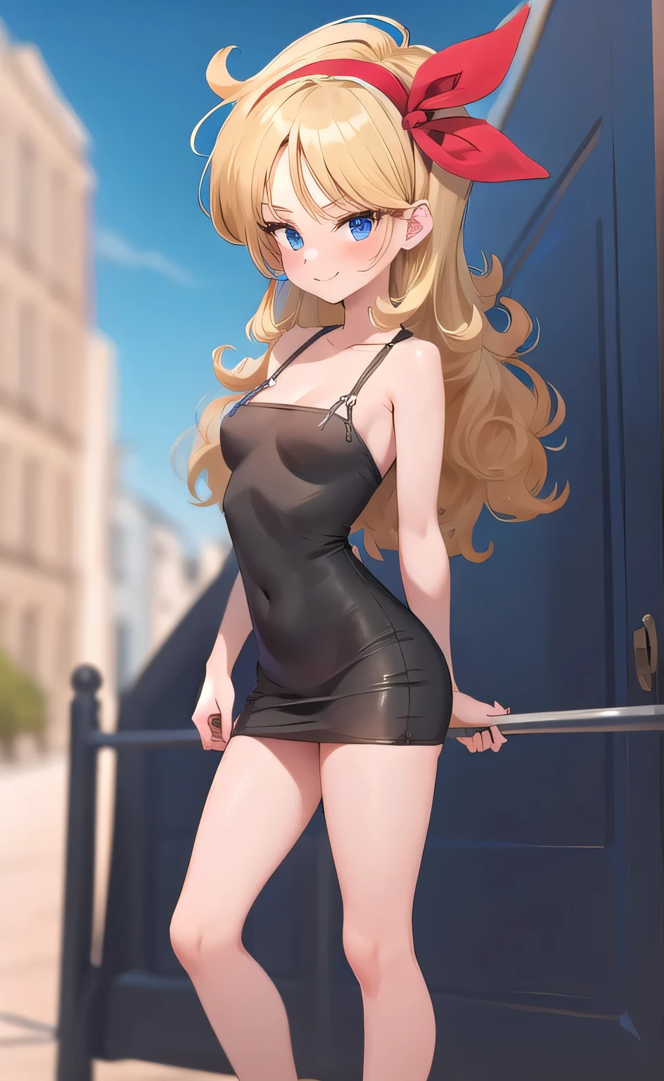 ((masterpiece, best quality)), insaneres, absurdres, solo, looking at viewer, BlondeHair_BadLaunch_ownwaifu, 1girl, long hair, blonde hair, curly hair, hair ribbon, blue eyes, medium breasts, red hairband, eyelashes, bangs, bare shoulders, collarbone, little black tight dress, t3ghtdr3ss, bare legs, outdoors, depth of field, vanishing point, arms at sides, (contrapposto), smile