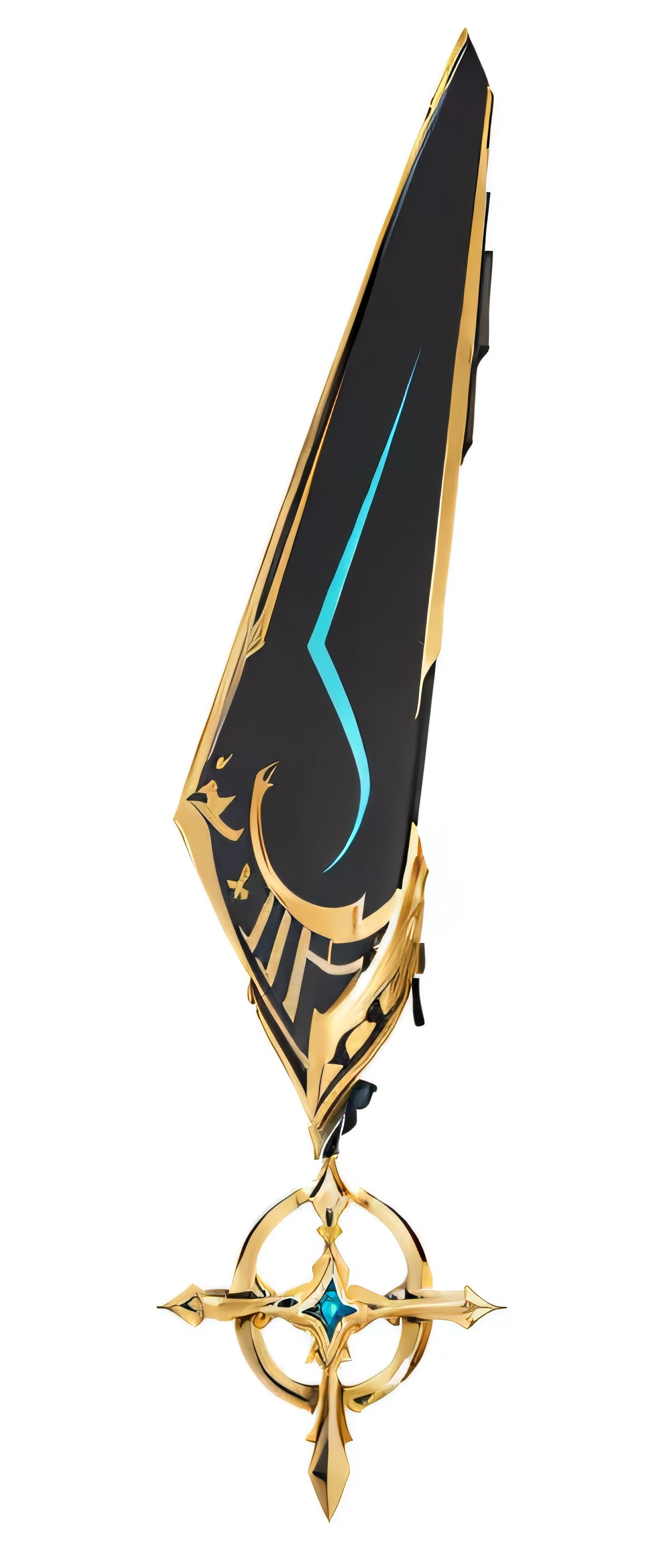 there is a black and gold sail with a blue star on it, stylized linework, sword design, digital drawing, heavily stylized, colored sketch, black cyan gold and aqua colors, thick warframe legs, digitally colored, thick smooth warframe legs, with out shading, gold black and aqua colors, sona is a slender, intricate brush stroke detail，Rich in details，Masterpiece，Clean shaping