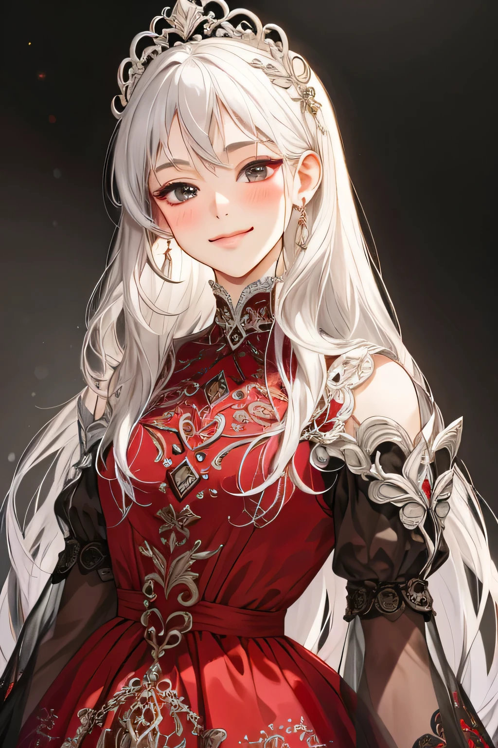 (extreamly delicate and beautiful:1.2), 8K,(masterpiece:1.0),(best_quality:1.0), 1 girl, and intricate detailing, Enlarged textures, and intricate detailing, finely eye and detailed face, and intricate detailing, shiraga, platinum white long hair, (smirk mouths), Perfect eyes, Equal eyes, black eyes (A famale god) classic red dress modern, look at camera, look 50 years old, blush