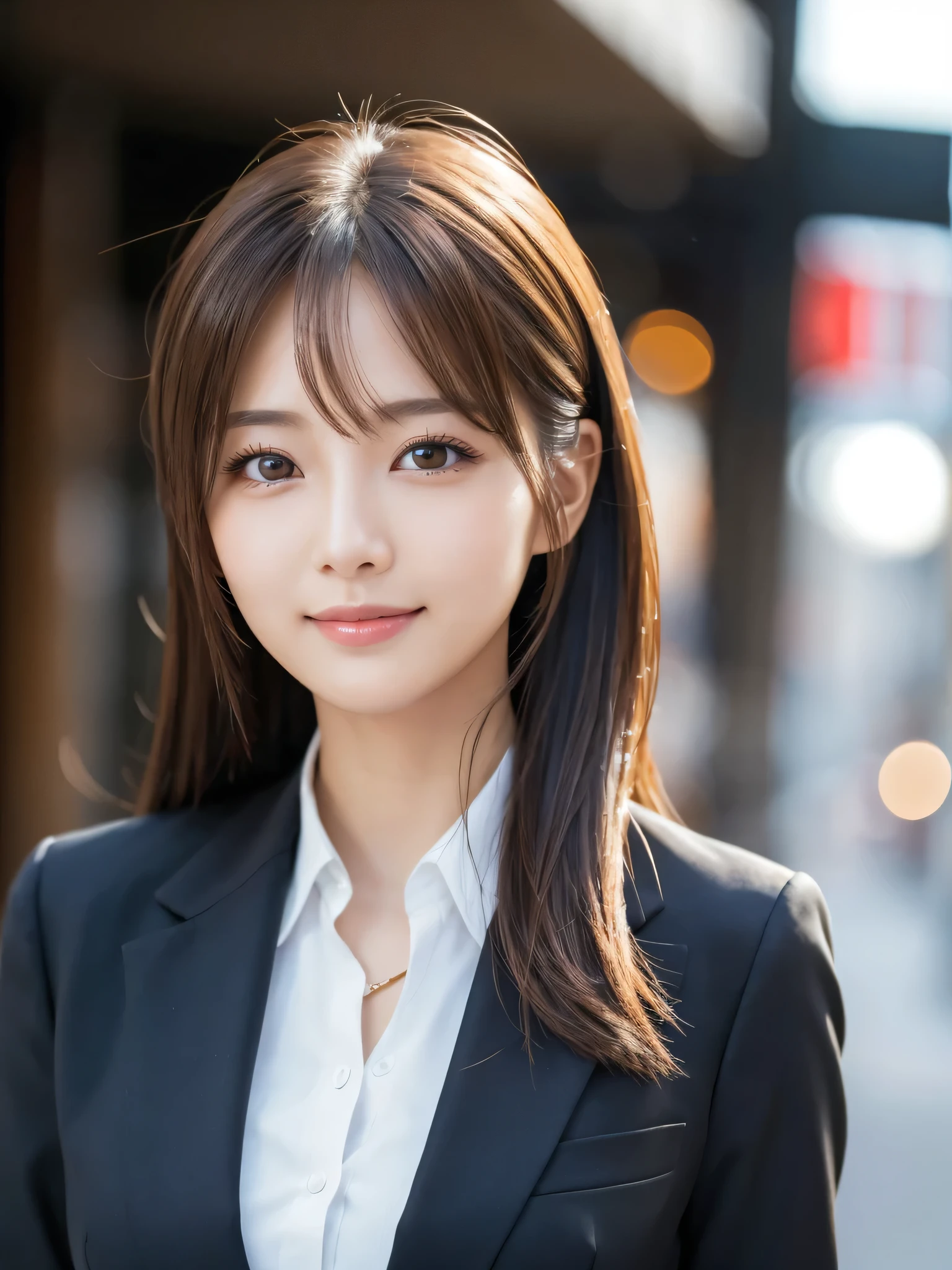 table top、highest quality、genuine、Super detailed、finely、High resolution、8k wallpaper、one beautiful woman、、、light brown disheveled hair、wearing a business suit、sharp focus、perfect dynamic composition、beautiful and detailed eyes、thin hair、Detailed genuine skin texture、smile、model body shape、In Tokyo at morning、