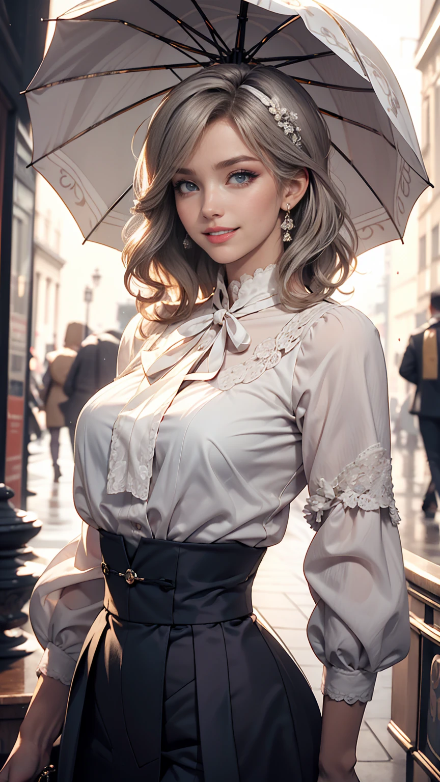 Fantan・Latour 、The Batignolles Atelier、Prill umbrella skirt、White woman in high-neck ribbon blouse、Silver Hair、blue eyes、Wavy hair、Smile