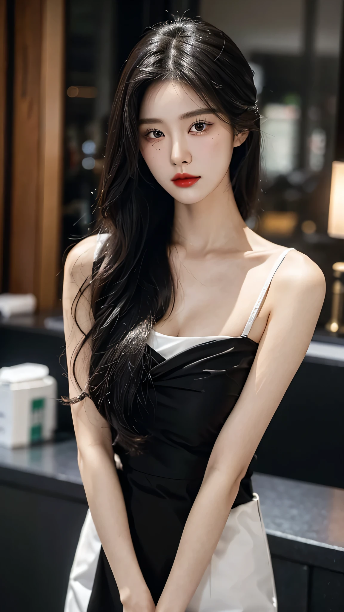 A perfect young female white-collar worker，Chinese，High picture quality，Works of masters，Black hair，Long hair flowing over the shoulders，Beach wave hairstyle，cropped shoulders，clavicle，exquisite face，Hydrated red lips，Real Human，CG rendering，16k，Stand up，Do not show your hands，Close-up shot