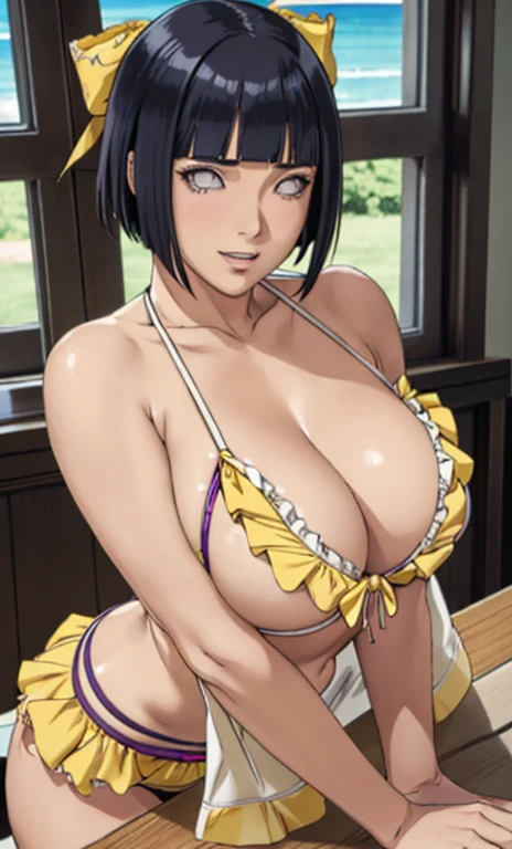 standing, solo, hinata\(boruto\), 1girl, mature female, clothes((frilly, bikini, yellow bumblebee)), sideboob, large breasts, areola slip, cleavage, leaning forward, hanging breasts, curvy, hands on table, arms down, looking at viewer, blush, parted lips, light smile, short hair