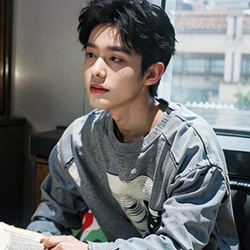 best quality best, Ultra high resolution, (As a matter of fact:1.4), Masterpiece, Portela 400 line, blurred background , black bedroom, (Face focus:1.3),1 boy ,white skin,loose sweater, put it in, looking at the audience , focus surface,Black hair with some bangs.