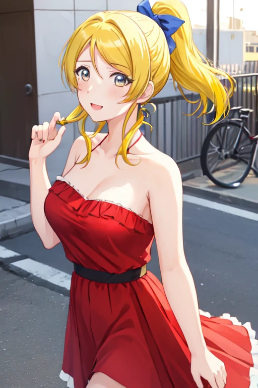 1girl, solo, halfbody, eli ayase, yellow hair, blue eyes, ponytail, hair ribbon, red dress, strapless, bare arms, bare neck, bare shoulders, summer, street, sleeveless