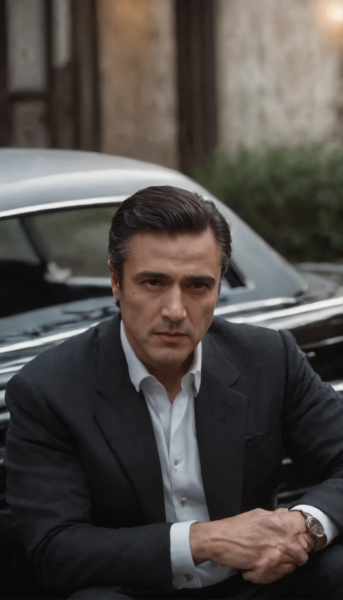 『The Godfather』The enchanting scene of、James Caan plays the eldest son.、Burning with fierce rage、This is the scene where she gets out of a sleek black car.。This scene is bathed in medium-dark lighting.、Contrasting with intricately detailed isometric background of cracked concrete and dimly lit streets、It brings out Khan's intense and menacing expression.。Khan's suit is meticulously painted、There are wrinkles and creases、I slammed the car door behind me.、It adds realism。A loose tie sways in the wind、Signaling growing unrest。High-definition details、I captured every single bead of his sweat.