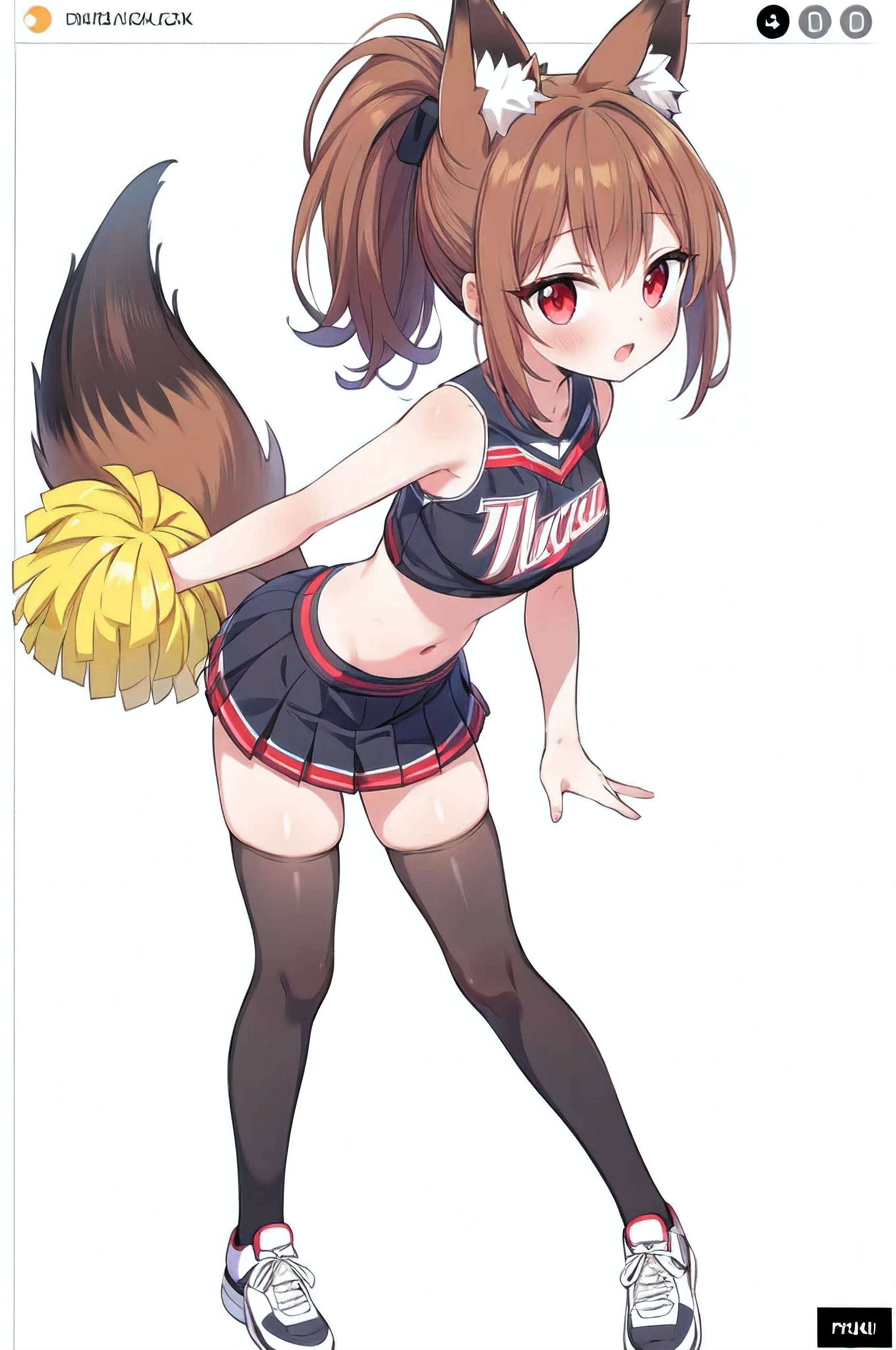 ((red eyes)), ((short brown hair)), ((fox girl)), ((fox ears)), ((black fox tail)), ((cheerleader outfit)), ((8k resolution)), (((hands hidden))), ((full body)), ((ponytail)), (((adult)))