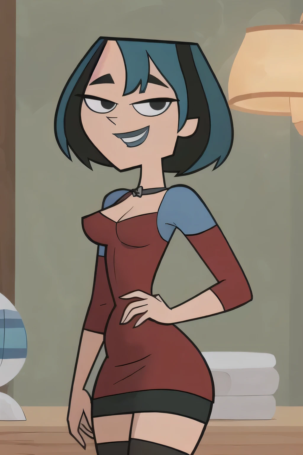 (8k, RAW photo, best quality, masterpiece:1.2), (intricate details), perfect eyes, perfect face, perfect lighting, beautiful, (masterpiece:1.2), (best quality:1.2), 1girl, cartoon style, gwentdi, solo, black eyes, little red tight dress, medium breast, smile