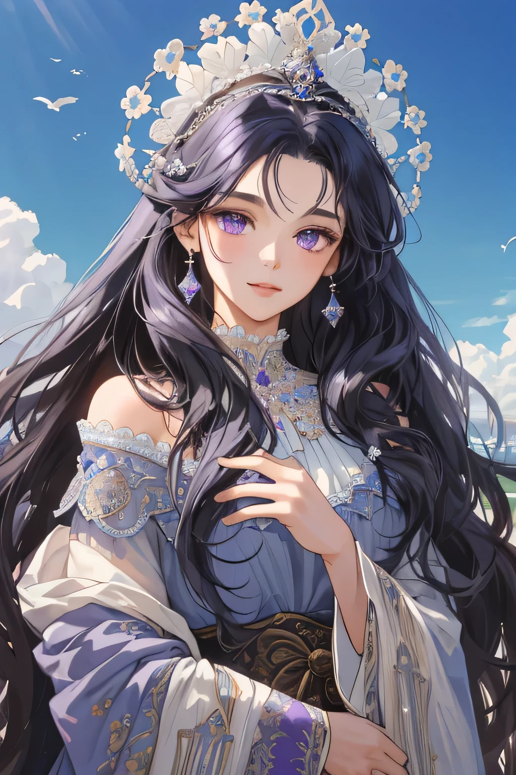(extreamly delicate and beautiful:1.2), 8K,(masterpiece:1.0),(best_quality:1.0), 1 girl, and intricate detailing, Enlarged textures, and intricate detailing, finely eye and detailed face, and intricate detailing, dark Gray curl long hair, (closed mouths), Perfect eyes, Equal eyes, purple eyes (A famale god) with classic blue sky yunani romawi, look at camera, look 50 years old, blush