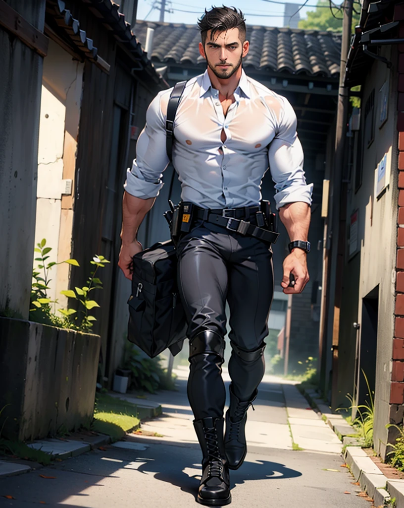 masterpiece, best quality, face, natural eyes, 1man walking, european, big feet, black combat boots, full body, a man in police uniform, pistol , large bulge, long legs, looking at viewer, 30 years old, muscled and mature, slim waist, short haircut, open chest, shirt button undone, blue eyes, flush, orgasm, sweating, tight cloth, standed