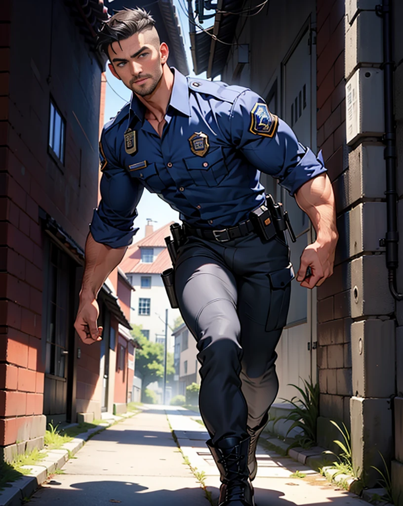 masterpiece, best quality, face, natural eyes, 1man walking, european, big feet, black combat boots, full body, a man in police uniform, pistol , large bulge, long legs, looking at viewer, 30 years old, muscled and mature, slim waist, short haircut, open chest, shirt button undone, blue eyes, flush, orgasm, sweating, tight cloth, standed