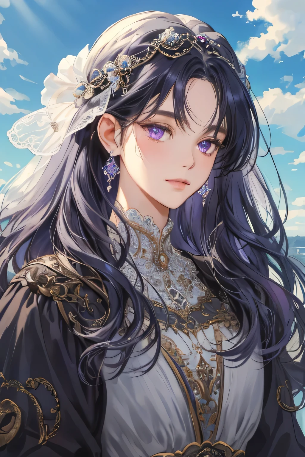 (extreamly delicate and beautiful:1.2), 8K,(masterpiece:1.0),(best_quality:1.0), 1 girl, and intricate detailing, Enlarged textures, and intricate detailing, finely eye and detailed face, and intricate detailing, dark Gray curl long hair, (closed mouths), Perfect eyes, Equal eyes, purple eyes (A famale god) with classic blue sky yunani romawi, look at camera, look 50 years old, blush
