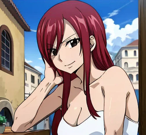 Redhead girl with bangs and long straight hair, curtain, blue colored eyes, Estilo One Piece 