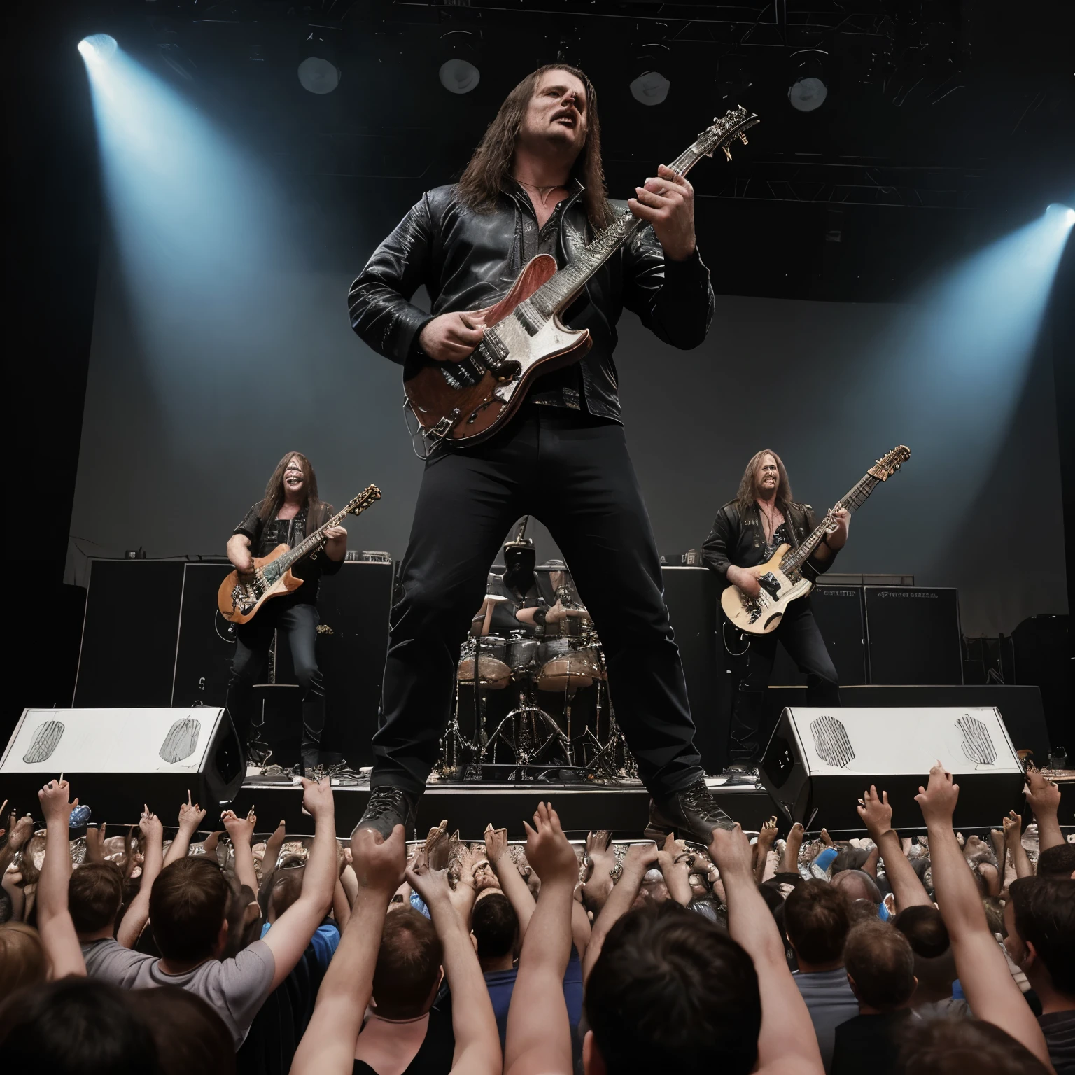 album cover, 80's heavy metal band , 4 man band on live concert stage up close with epic stage lights and a crowd in the foreground