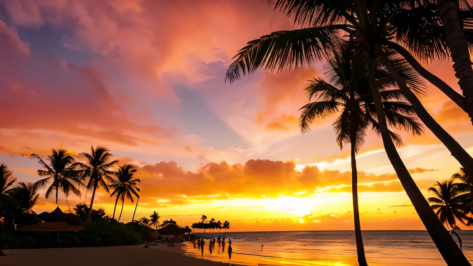 Aerial view of the beach with palm trees and the sunset, sunset, Tropical paradise, beautiful sunset, Beach Sunset, beautiful, Tropical atmosphere, beautiful image, Beautiful sunset, Amazing sunset, Beach Sunset, Red sun over paradise, Reflecting the beach at dusk, Warm glow, the most beautiful sunset, Vibrant sunset, Summer sunset, sunset