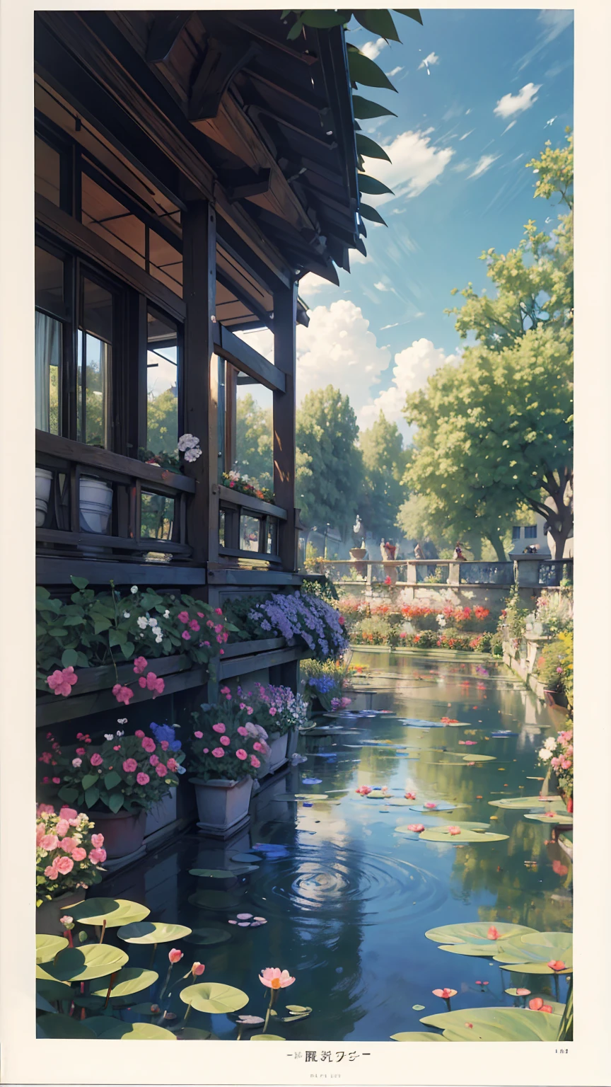 Claude Monet 、Monet's Garden at Giverny、Classical dress with light black vertical stripes、White woman、Silver Hair、blue eyes、Wavy hair、Smile