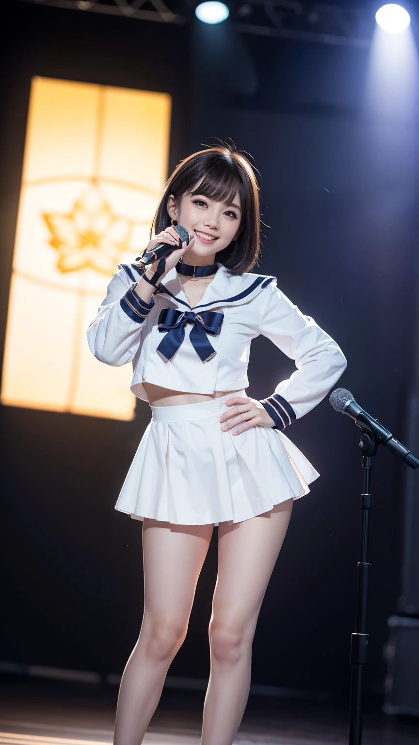 (RAW Photos、highest quality)、(Real、フォトReal:1.3)、highest quality、masterpiece、Very delicate and beautiful、Very detailedな、Beautiful in every detail、masterpiece、smile、highest quality、8K、Super detailed、High resolution、Very detailed、((Happy expression))、((smile:1.15))、((A sailor suit with a beautiful silhouette and a collar that clings to the skin))、Pink and orange、ribbon、Double frill garter、 Super cute girl、コンサートの舞台上でsmileで歌うアイドル、Part of an idol group、((Dancing at a concert)))、(Spread your legs)、(Pull your hips back)、(Warp your upper body) 、place your left hand on your hip、The right hand holds the microphone、Concert Lighting、Spotlight、Professional Lighting、Cinematic lighting、3 dimensional、Viewer Perspective、Natural Bangs、Arched eyebrows、Groomed eyebrows、(Large, balanced eyes)、Cute eyes、Beautiful Eyes、Beautiful thin nose、Beautiful face line、Beautiful Skin、Medium Bob Hair、Natural Bangs、Slim face、Slim figure、Lighting the face、Bright lighting、Professional Lighting、Forward lighting、Slim and beautiful thighs、