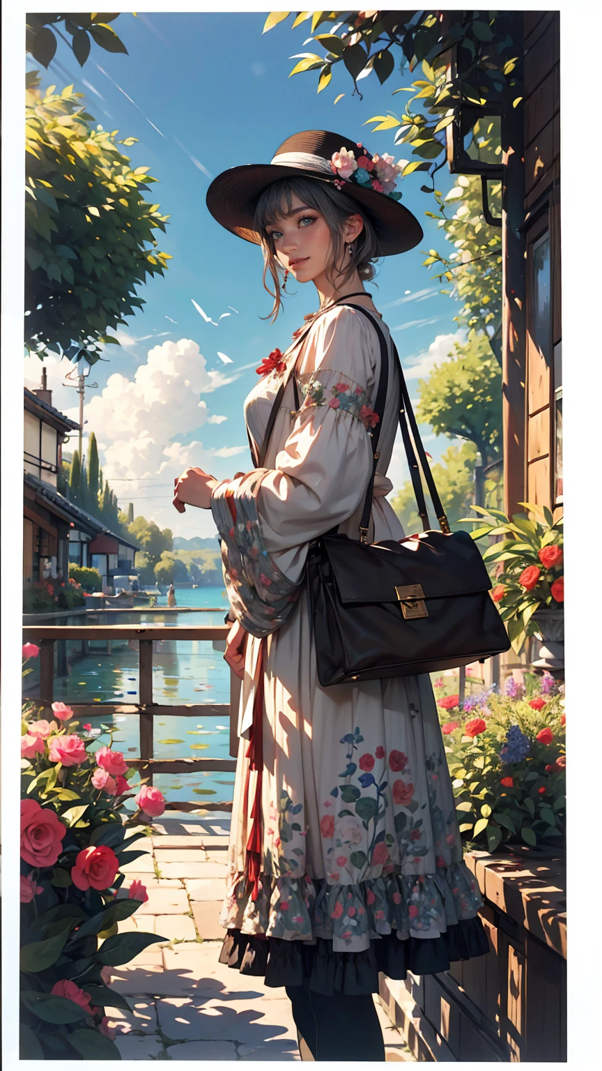 Claude Monet 、Monet's Garden at Giverny、Classical dress with light black vertical stripes、White woman、Silver Hair、blue eyes、Wavy hair、Smile