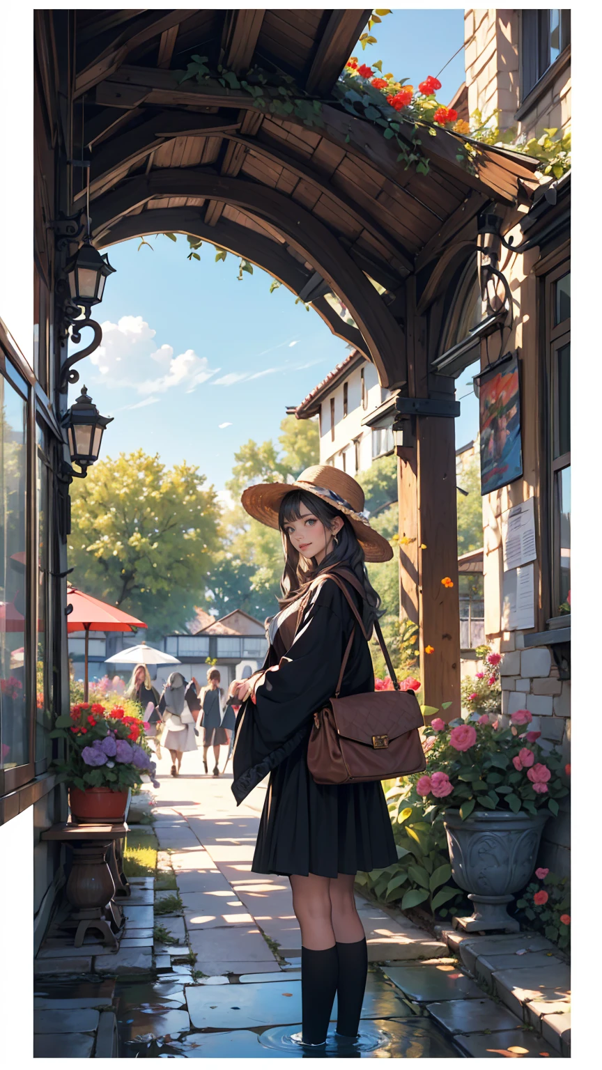 Claude Monet 、Monet&#39;s Garden at Giverny、Classical dress with light black vertical stripes、White woman、Silver Hair、blue eyes、Wavy hair、Smile