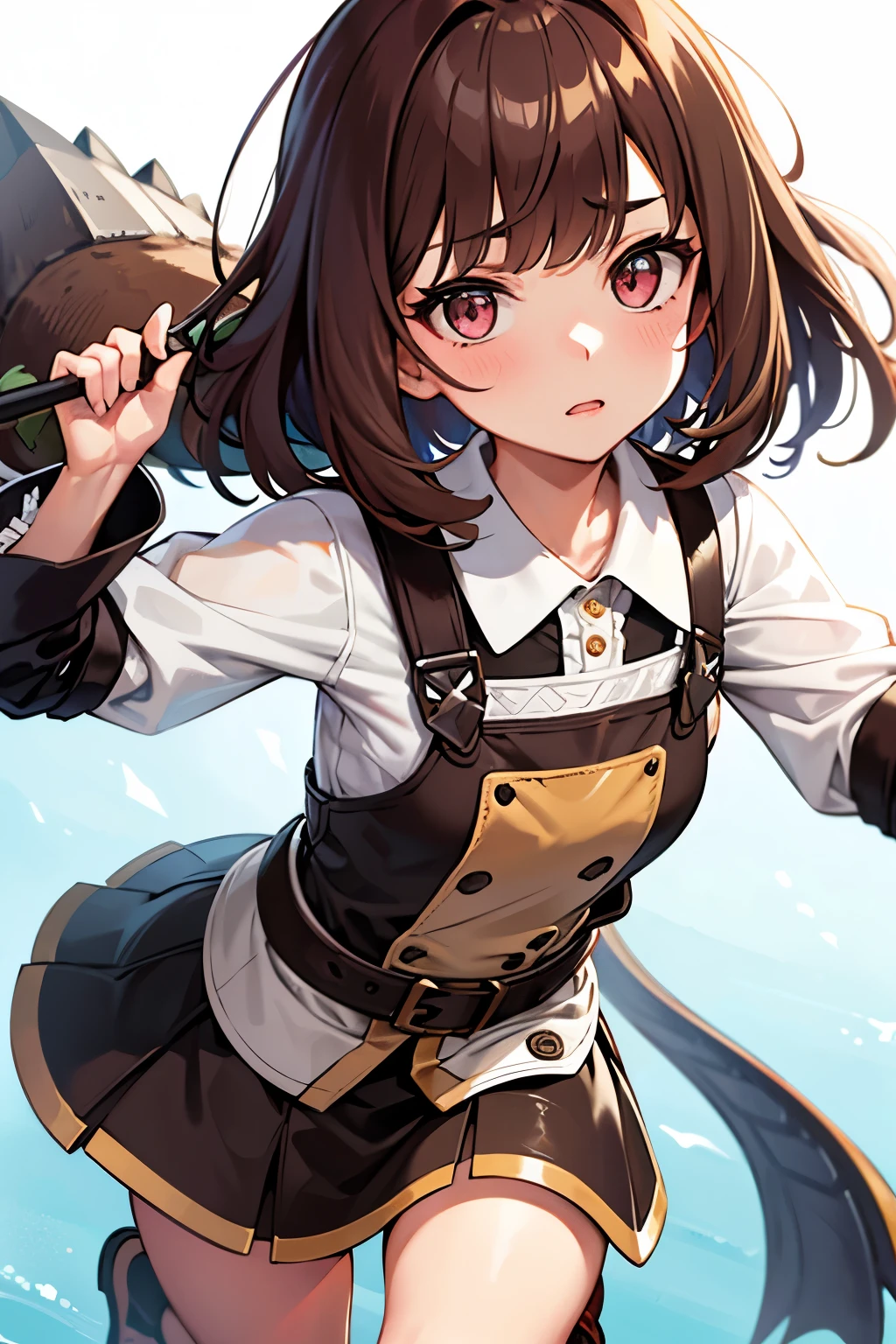 Particularly distinctive are Blunt bangs,Blunt bangs, chin length, without vertical parting,Pinkish-Brown hair and large gold-brown tinted eyes,Soft skin tone with a hint of blush on the cheeks,A small nose and a lively,Wearing a blouse with a white collar and a blue apron,Pose running forward,Threatening expression,background pure white,Monster Hunter style、Have a hammer