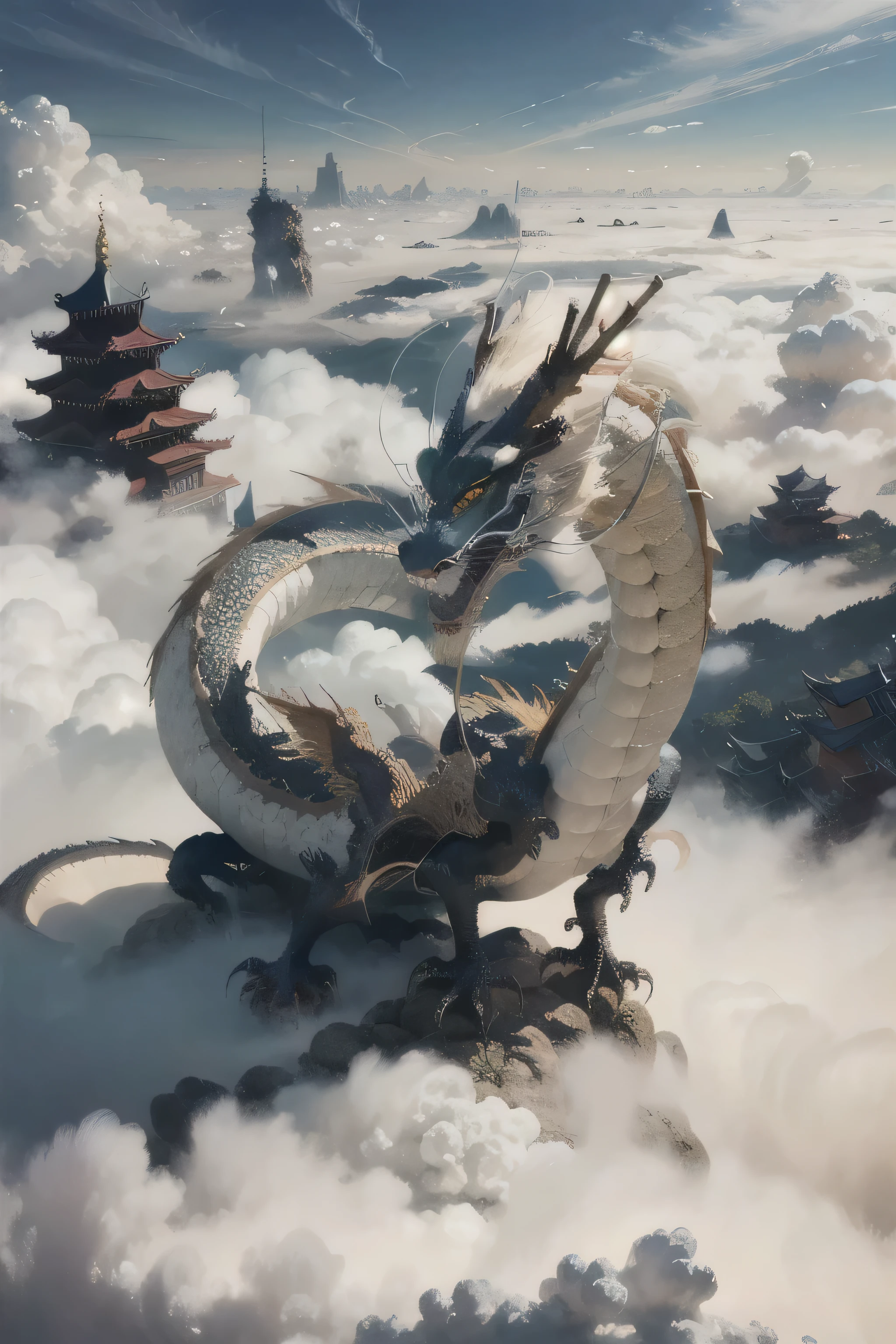 loong,cloudy sky,claws,eastern dragon,long tail,whiskers,chinese new year,cloud,no humans,gunzan,sky,cloud horizon,sun,outdoors,QINGLONG,SOLO,(Science fiction),((Soaring in the clouds and riding in the fog)),(((The dragon body disappears and appears in the clouds))),(full body:1.3),(ink wash painting:1.2),east asian architecture,ruanyi0221,snake body,, best quality,masterpiece,highres,official art,extremely detailed cg unity 8k wallpaper