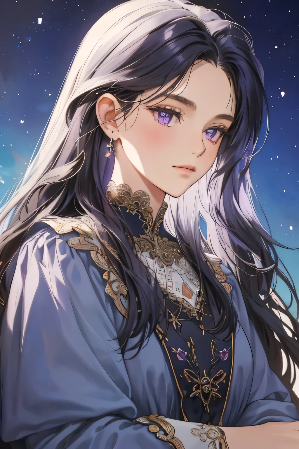 (extreamly delicate and beautiful:1.2), 8K,(masterpiece:1.0),(best_quality:1.0), 1 girl, and intricate detailing, Enlarged textures, and intricate detailing, finely eye and detailed face, and intricate detailing, dark gray curl long hair, (closed mouths), Perfect eyes, Equal eyes, purple eyes (A famale god) with classic blue sky yunani romawi, look at camera, look 50 years old, blush