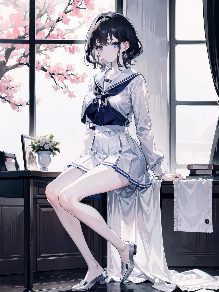 absurdres, RAW photo, extremely delicate and beautiful, masterpiece, Best Quality, ultra high resolution, 32k, hyperrealistic, ultra-detailed, detailed description, full body shot, pale skin, 20 years old, tearful mole, earring, Colossal tits, short medium hair, wavy hair, sailor uniform, school_uniform,