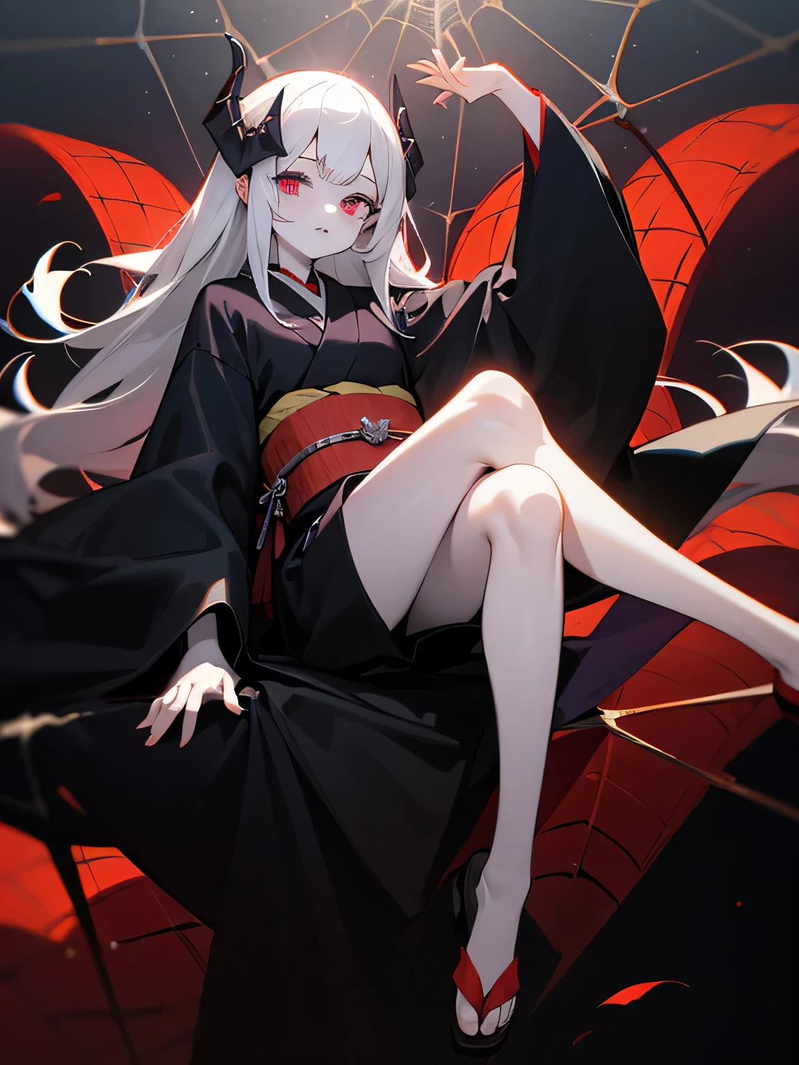 Joven chica demonio, spider legs on the back, con vestimenta japonesa, long kimono, en un plano oscuro, cabello largo plateado, ojos plateados, pale skin, cuernos de demonio, spiderweb, magical aura, demon lord.