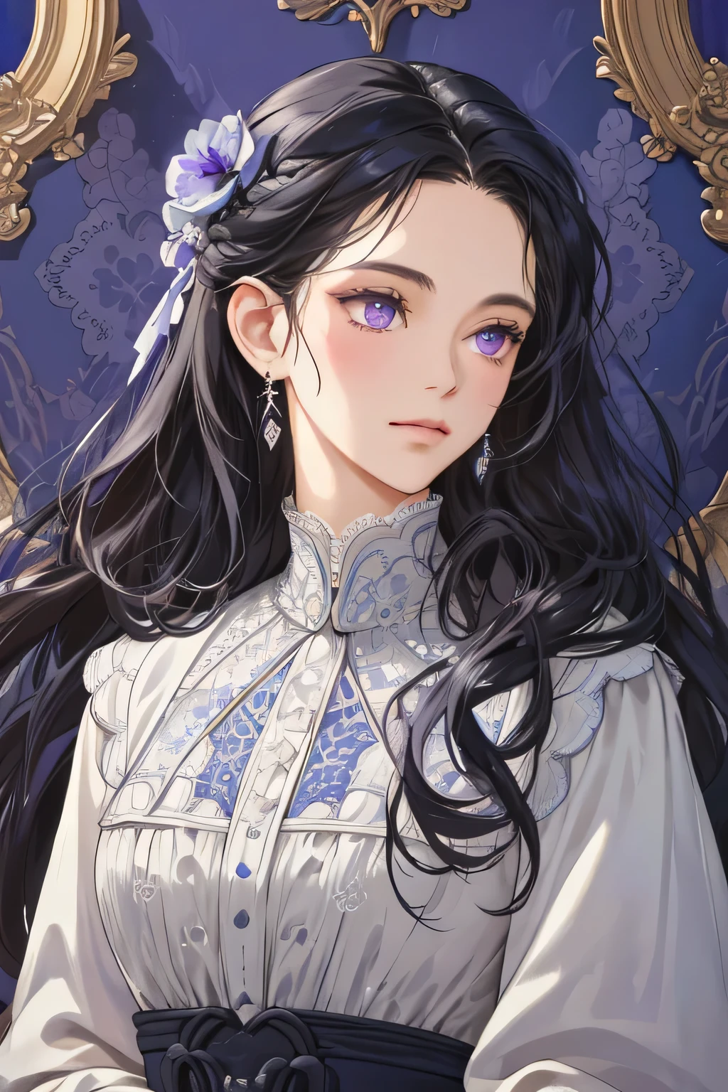 (extreamly delicate and beautiful:1.2), 8K,(masterpiece:1.0),(best_quality:1.0), 1 girl, and intricate detailing, Enlarged textures, and intricate detailing, finely eye and detailed face, and intricate detailing, dark gray curl long hair, (closed mouths), Perfect eyes, Equal eyes, purple eyes (A famale god) with classic blue sky yunani romawi, look at camera, look 50 years old, blush