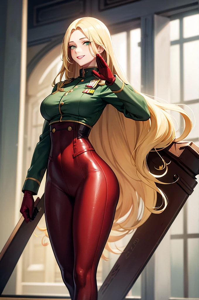 Woman saluting,Blonde,Long hair is thick,very red lips,Big Ass,Narrow waist,Long legs,Green Eyes Standing 8k(( A sloppy smile, The face we're looking for, Mischievous face)), ,8k(( Anime Style, The facial expression is good, Anime Style緑色の眼, The facial expression is good:1.5)), Standing at the station, Morning, Beauty, soldier, uniform,spring,cherry blossoms,looking at the camera
