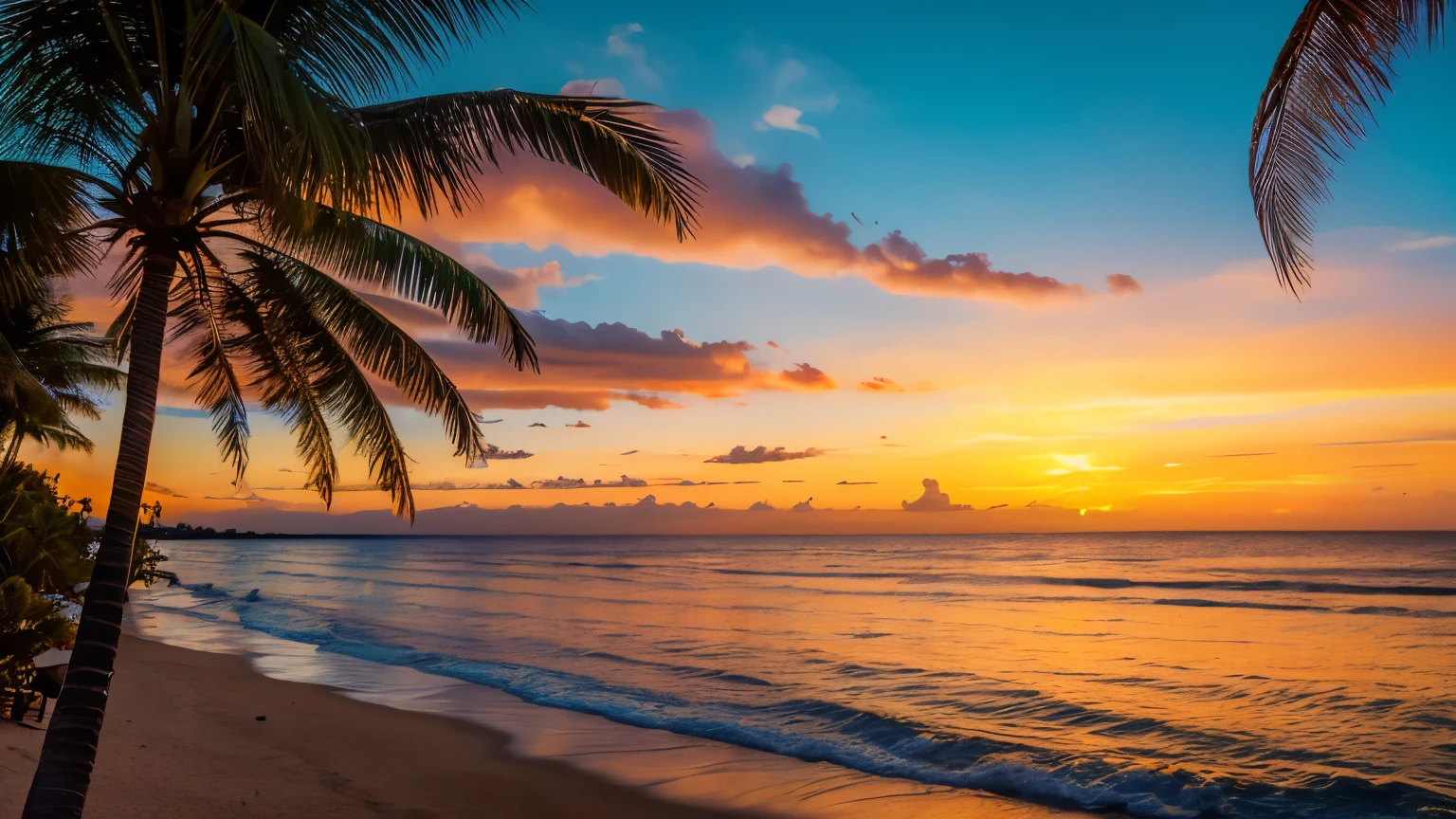 Aerial view of the beach with palm trees and the sunset, sunset, Tropical paradise, beautiful sunset, Beach Sunset, beautiful, Tropical atmosphere, beautiful image, Beautiful sunset, Amazing sunset, Beach Sunset, Red sun over paradise, Reflecting the beach at dusk, Warm glow, the most beautiful sunset, Vibrant sunset, Summer sunset, sunset