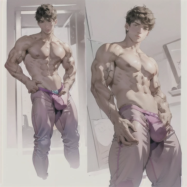 watercolor, Peter Pan examines the buttocks of a 17-year-old Brazilian boy, wear tight sweatpants with a protruding, bulging codpiece. muscular, With round, solid, perfect buttocks, aesthetic, erotic, Beautiful