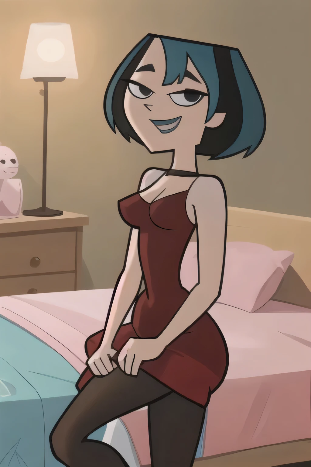 (8k, RAW photo, best quality, masterpiece:1.2), (intricate details), perfect eyes, perfect face, perfect lighting, beautiful, (masterpiece:1.2), (best quality:1.2), 1girl, cartoon style, gwentdi, solo, black eyes, sleeveless, little red tight dress, medium breast, smile, bedroom