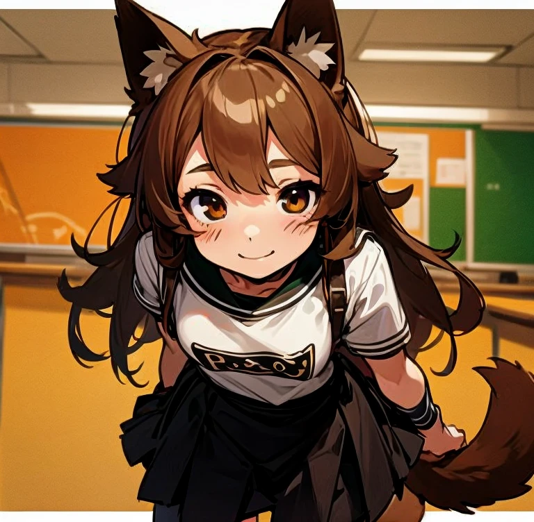 Masterpiece, best quality, expressive eyes, perfect face, 1girl, dog ears, solo, animal ears, brown hair, monster girl, golden eyes, leash, brown eyes, dog tail, tail, smile, long hair, classroom background, school room background, student shirt, black skirt, socks, 