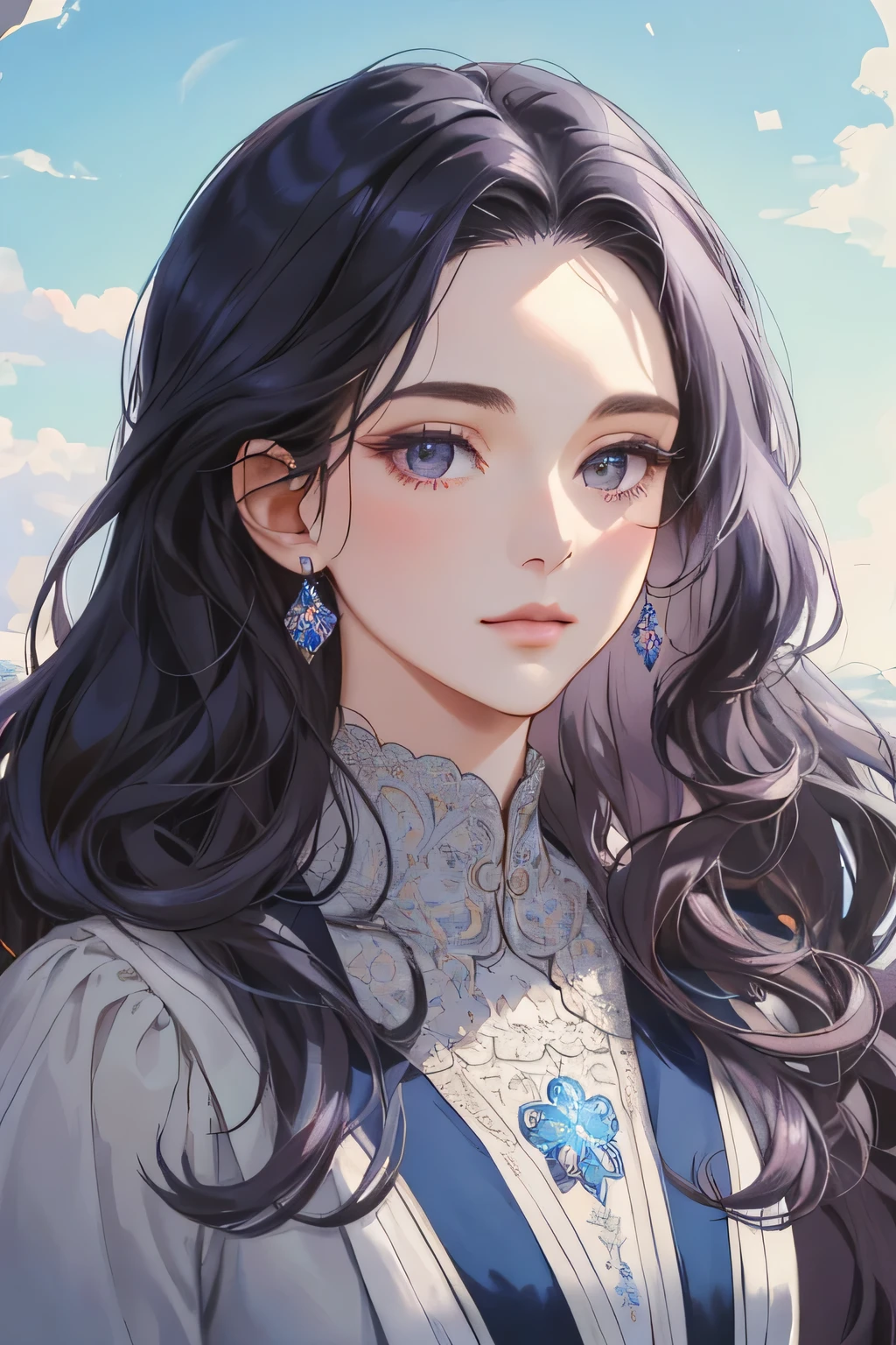(extreamly delicate and beautiful:1.2), 8K,(masterpiece:1.0),(best_quality:1.0), 1 girl, and intricate detailing, Enlarged textures, and intricate detailing, finely eye and detailed face, and intricate detailing, dark purple curl long hair, (closed mouths), Perfect eyes, Equal eyes, gray eyes (A famale god) with classic blue sky yunani romawi, look at camera, look 50 years old, blush