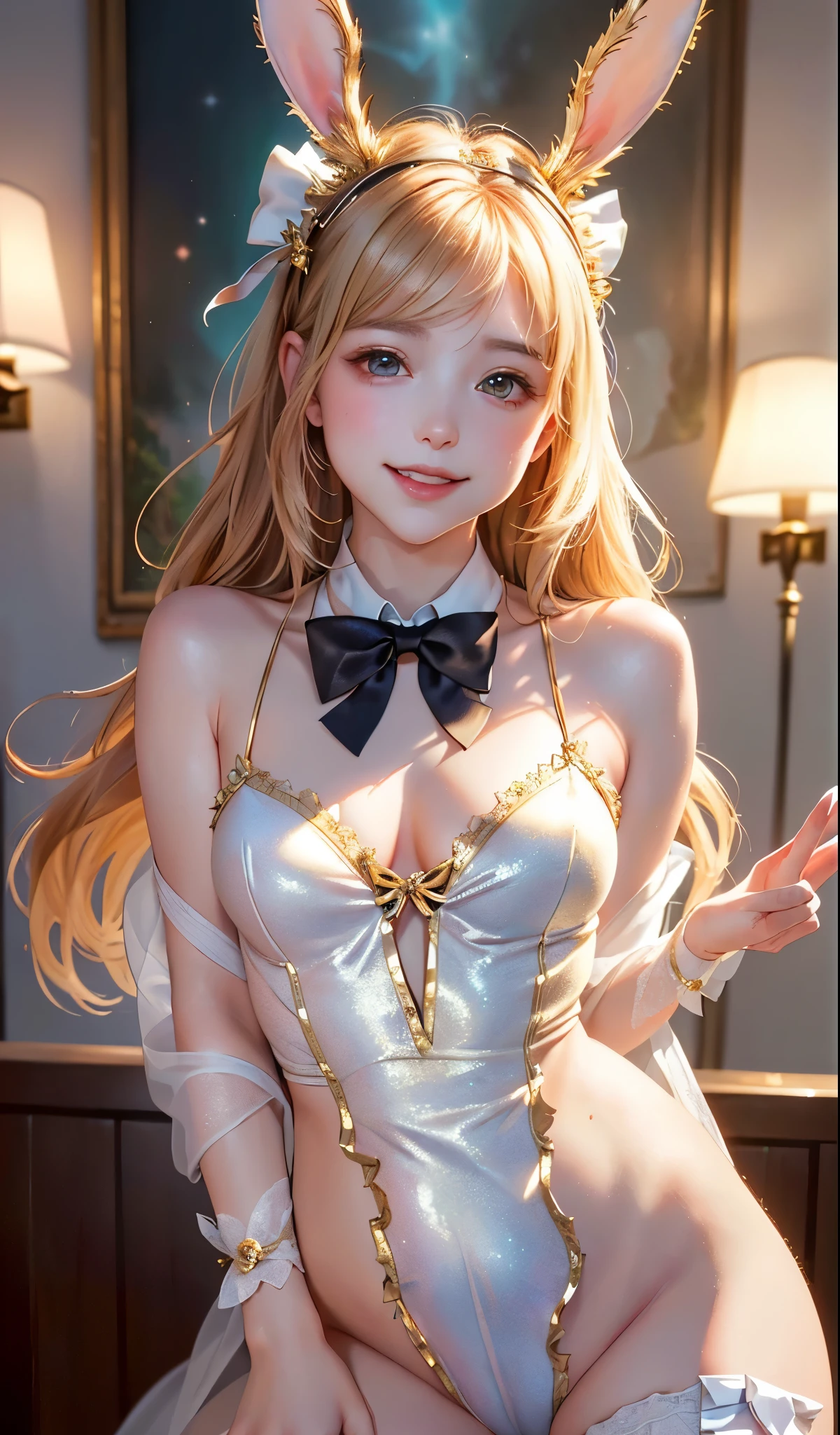 masterpiece, best quality, extremely detailed CG unity 8k wallpaper, (Upper Body head close-up shot of a beautiful ), , Elegant Long straight hair, (Mckenna Grace), (flat chest,thighs,Plump), gold (Glittering babydoll,long Bunny Ear Headgear, , Bow-tie, No panties, genitals visible), (spread legs), (Blush), oil skin, (seductive smile), (Wonderland), pretty face, key art, award winning, intricate detail realism hdr, by (ruan jia and artgerm and range murata), Photorealism, Hyperrealism, ultra realistic, dramatic light, intense shadows, gorgeous view, depth of field