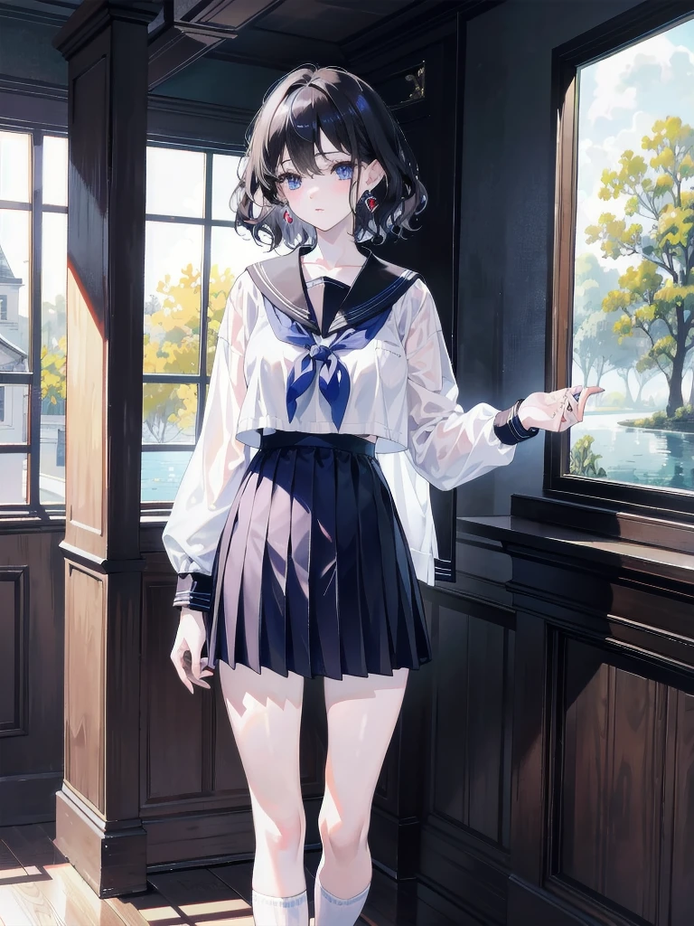 absurdres, RAW photo, extremely delicate and beautiful, masterpiece, Best Quality, ultra high resolution, 32k, hyperrealistic, ultra-detailed, detailed description, pale skin, 20 years old, tearful mole, earring, Colossal tits, short medium hair, wavy hair, full body shot, sailor uniform, school_uniform,