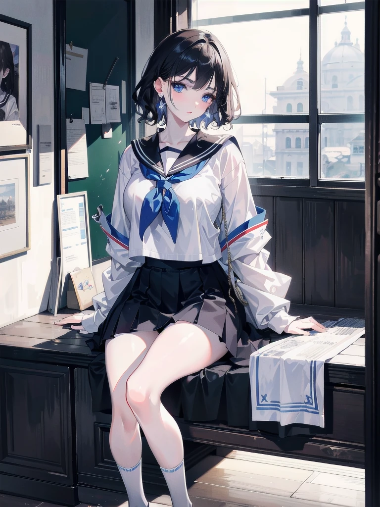absurdres, RAW photo, extremely delicate and beautiful, masterpiece, Best Quality, ultra high resolution, 32k, hyperrealistic, ultra-detailed, detailed description, pale skin, 20 years old, tearful mole, earring, Colossal tits, short medium hair, wavy hair, full body shot, sailor uniform, school_uniform,