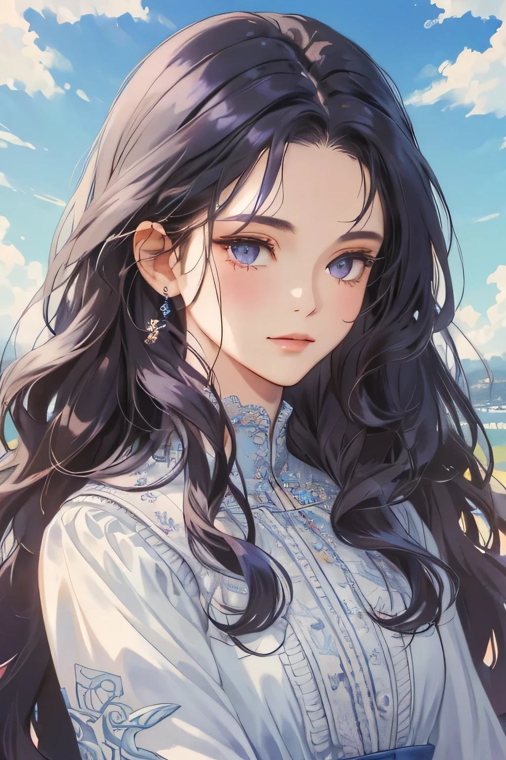 (extreamly delicate and beautiful:1.2), 8K,(masterpiece:1.0),(best_quality:1.0), 1 girl, and intricate detailing, Enlarged textures, and intricate detailing, finely eye and detailed face, and intricate detailing, dark purple curl long hair, (closed mouths), Perfect eyes, Equal eyes, gray eyes (A famale god) with classic blue sky yunani romawi, look at camera, look 50 years old, blush