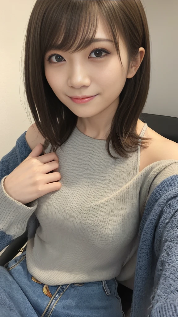 masutepiece, Best Quality, Illustration, Ultra-detailed, finely detail, hight resolution, 8K Wallpaper, Perfect dynamic composition、Mature woman 27 years old cute girl、Sweet girl、hposing Gravure Idol、A detailed face、Super detailed cute eyes、Realistic lips、Realistic and clean skin、Smile of embarrassment、Wavy brown short-cut hair、tiny chest、Bold sexy poses、Sweater with one shoulder exposed、