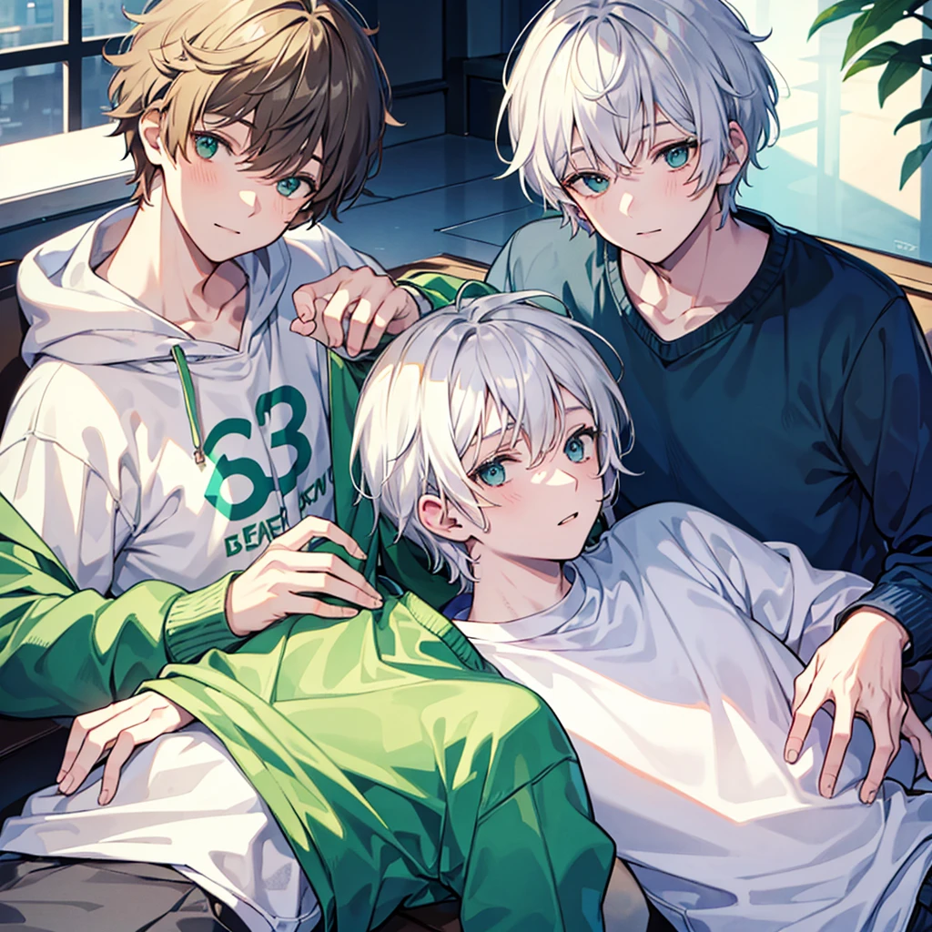 Soft boy with twenty years old,white shortcut hair,green sleepy eyes ,soft smile,sweatshirt