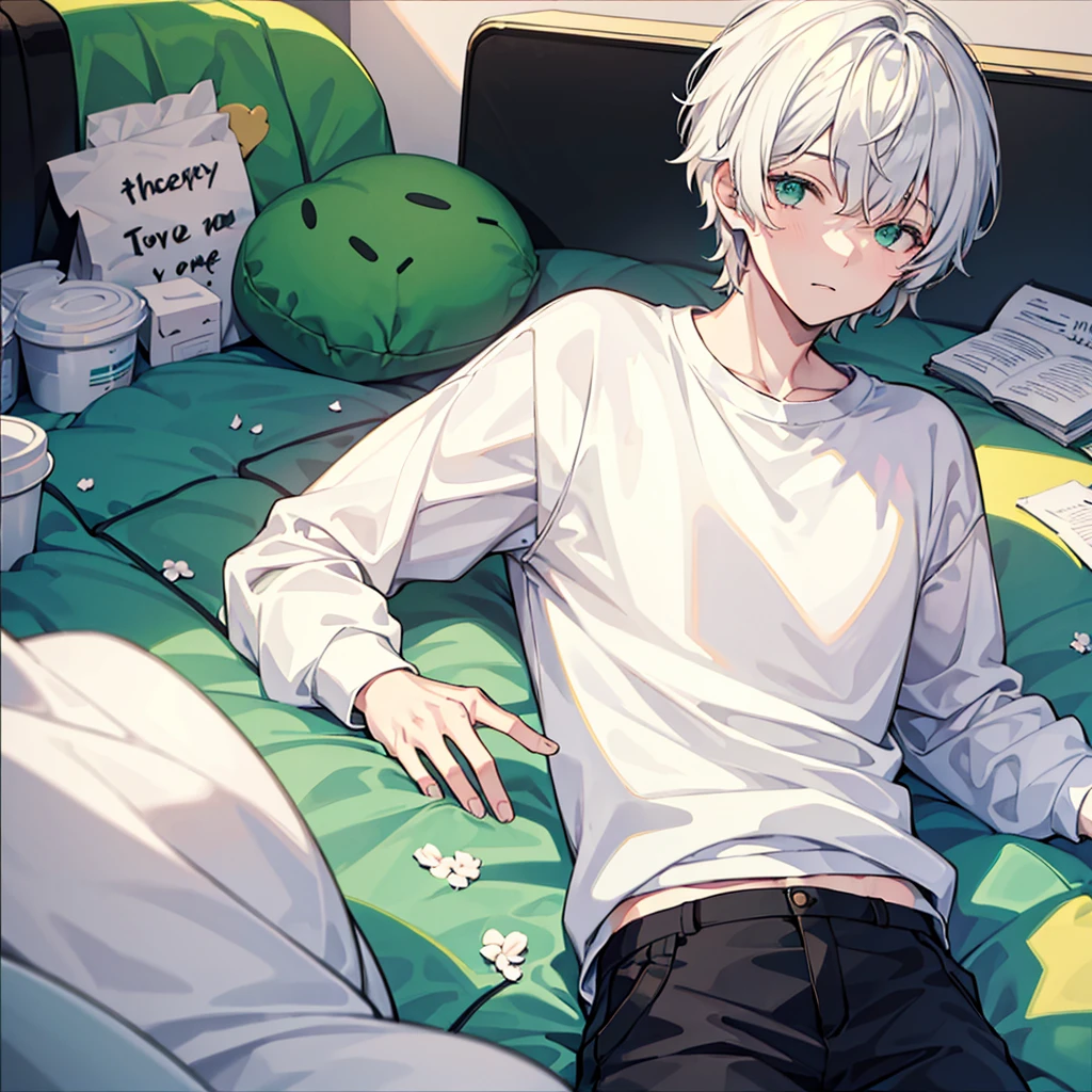 Soft boy with twenty years old,white shortcut hair,green sleepy eyes ,soft smile,sweatshirt