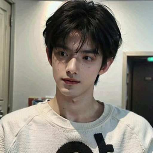 best quality best， Ultra high resolution， （As a matter of fact：1.4）， Masterpiece， Portela 400 line， blurred background ， black bedroom， （Face focus：1.3），1 boy ，white skin，loose sweater， put it in， looking at the audience ， focus surface,Black hair with some bangs.