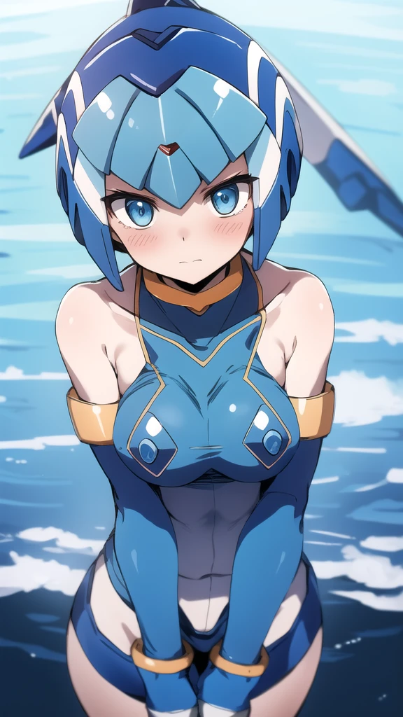 Leviathan Megaman 1 girl, looking at viewer, blue hair, Blue eyes, sea background, Blushed, glasses