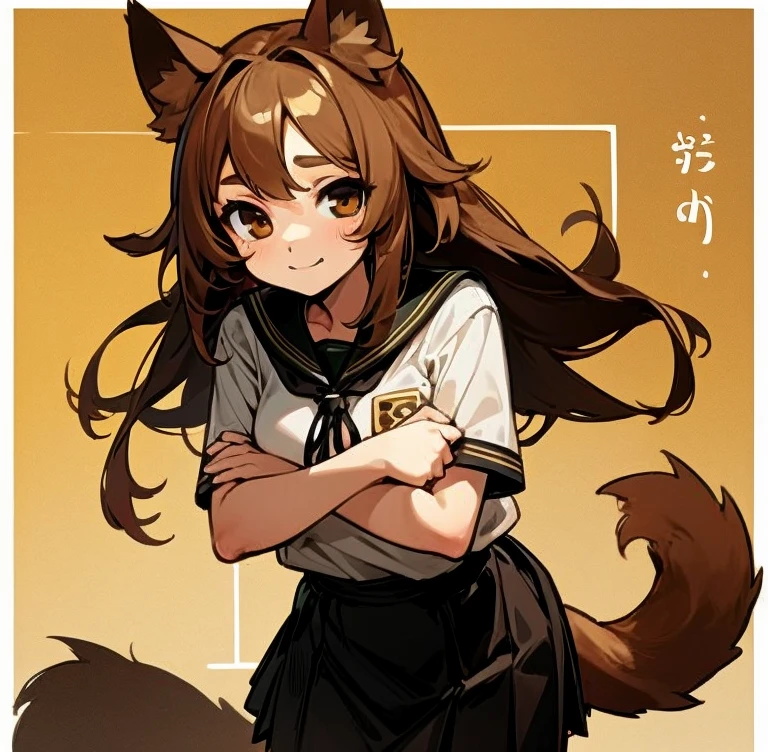 Masterpiece, best quality, expressive eyes, perfect face, 1girl, dog ears, solo, animal ears, brown hair, monster girl, golden eyes, leash, brown eyes, dog tail, tail, smile, long hair, classroom background, school room background, student shirt, black skirt, socks,, crossed arms, wink