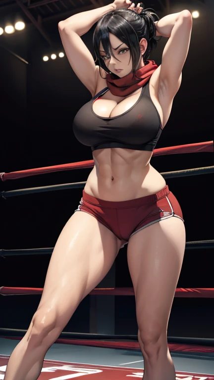 (best quality, masterpiece), Mikasa Ackerman, black hair,  solo , red scarf, boxing, in ring, sports bra, standing, thigh legs, big breasts, cleavage, shorts, sweat  looking_at_viewer