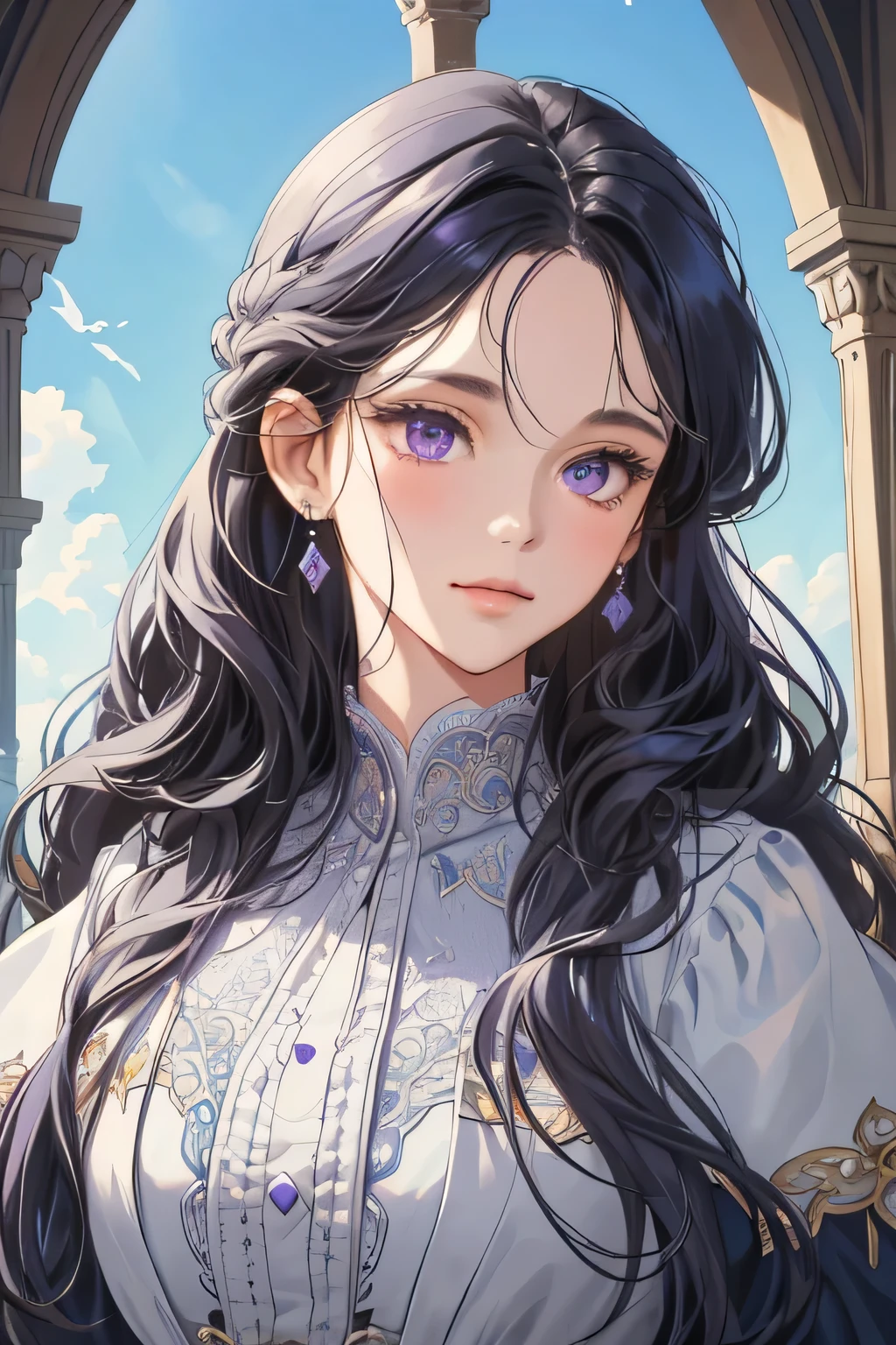 (extreamly delicate and beautiful:1.2), 8K,(masterpiece:1.0),(best_quality:1.0), 1 girl, and intricate detailing, Enlarged textures, and intricate detailing, finely eye and detailed face, and intricate detailing, dark gray curl long hair, (closed mouths), Perfect eyes, Equal eyes, purple eyes (A famale god) with classic blue sky yunani romawi, look at camera, look 50 years old, blush