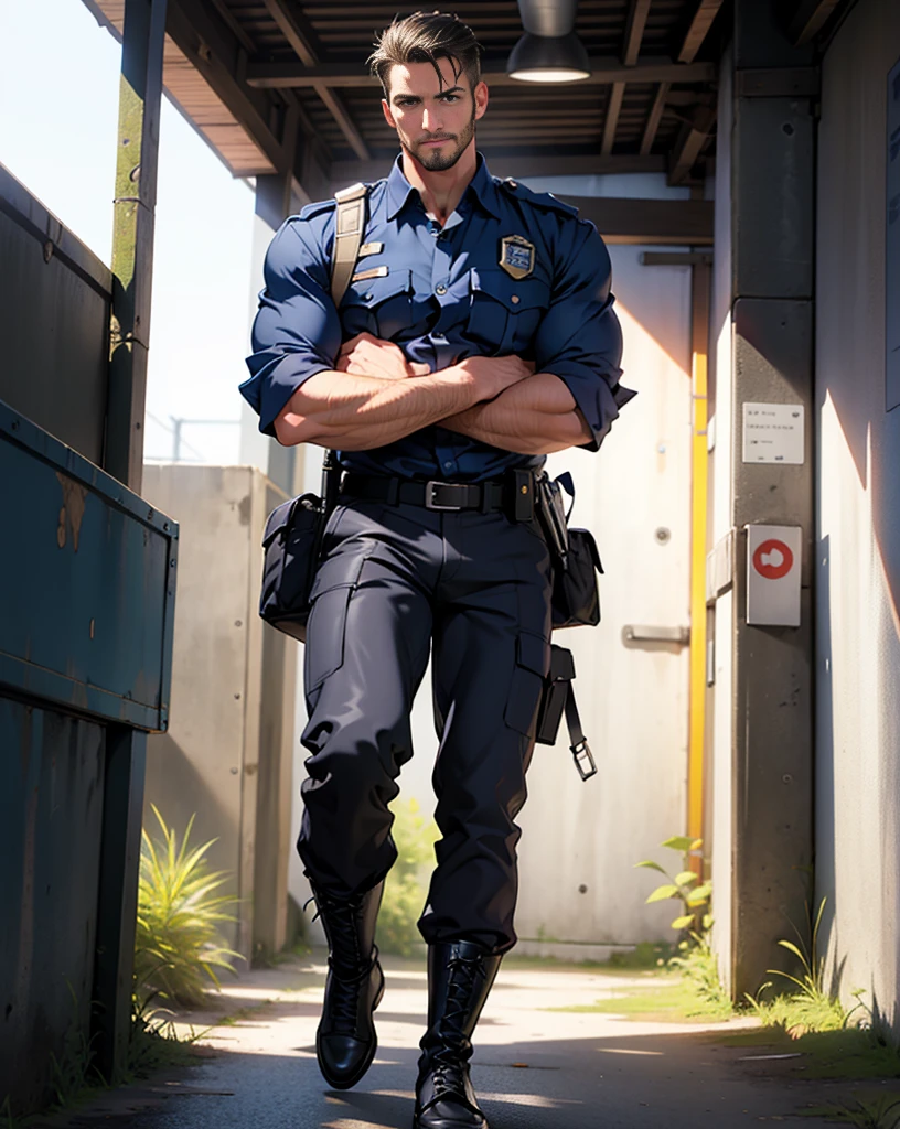 masterpiece, best quality, face, natural eyes, 1man walking, tall european lad, big feet, black combat boots, full body, a man in police uniform, rifle , large bulge, long legs, looking at viewer, 30 years old, muscled and mature, slim waist, short haircut, open chest, shirt button undone, blue eyes, flush, orgasm, sweating, tight cloth, standed