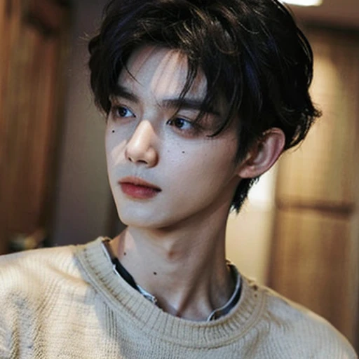 best quality best， Ultra high resolution， （As a matter of fact：1.4）， Masterpiece， Portela 400 line， blurred background ， black bedroom， （Face focus：1.3），1 boy ，white skin，loose sweater， put it in， looking at the audience ， focus surface,Black hair with some bangs.